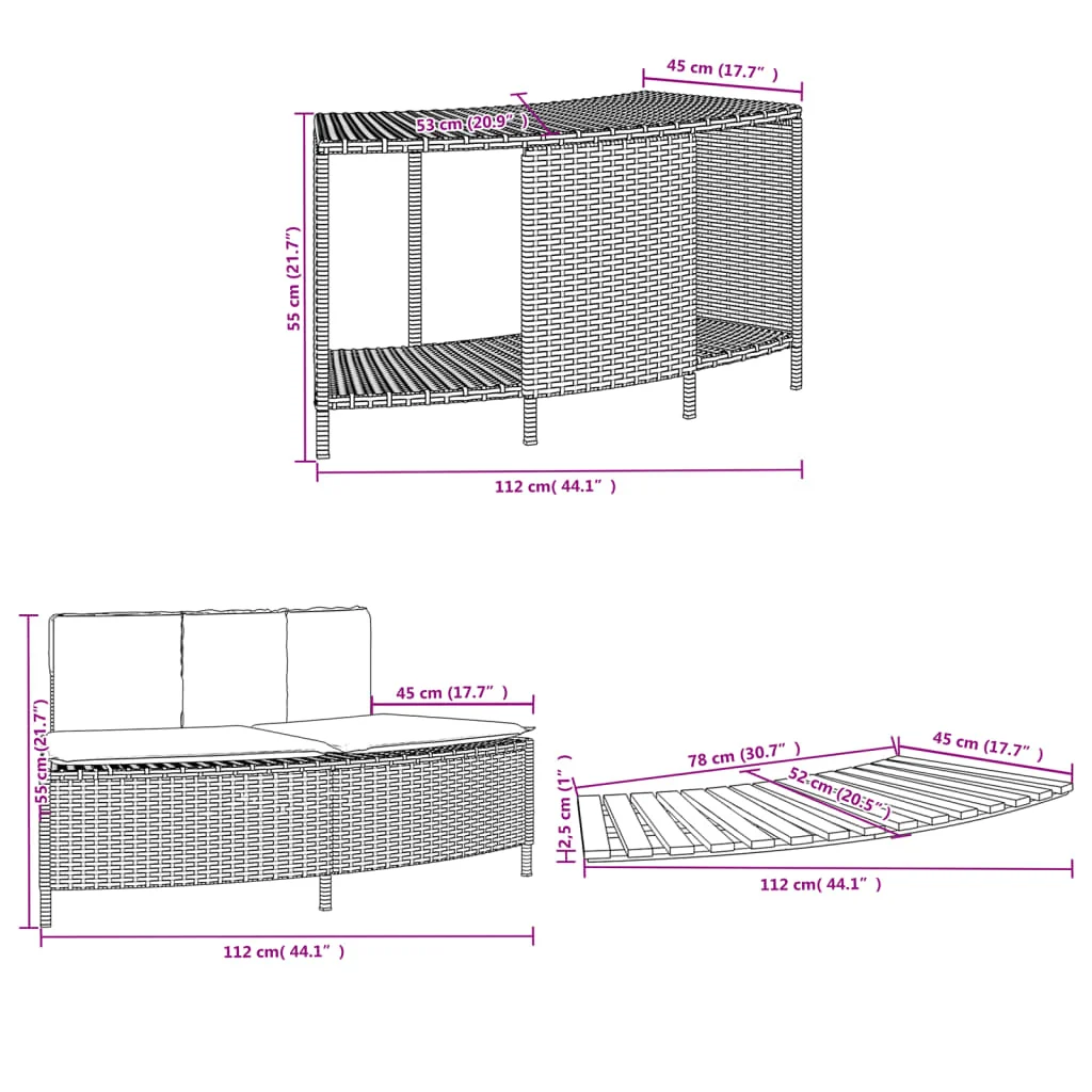 Banc de spa avec coussins et marches en résine tressée – vue des dimensions