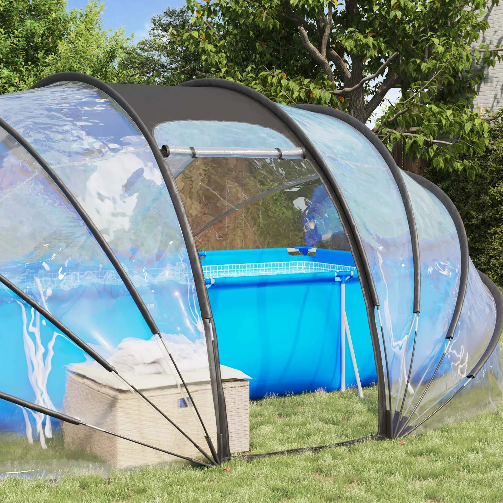 Dôme de piscine ovale 538 x 440 cm transparent – vue de côté