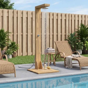 Douche d&rsquo;extérieur 210,5 cm en acacia massif avec pommeau Ø 20 cm – vue principale