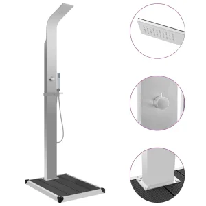 Douche d’extérieur inox 210 cm avec receveur WPC et cascade – vue principale