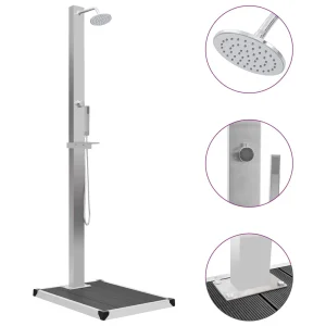 Douche d’extérieur inox 210 cm avec receveur WPC pommeau pluie – vue principale