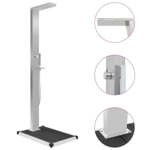 Douche d’extérieur inox avec cascade jets massants et receveur 80 cm – vue principale