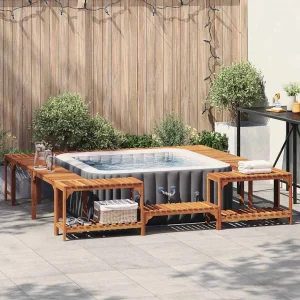 Habillage de spa carré en bois d’acacia massif marron – vue principale