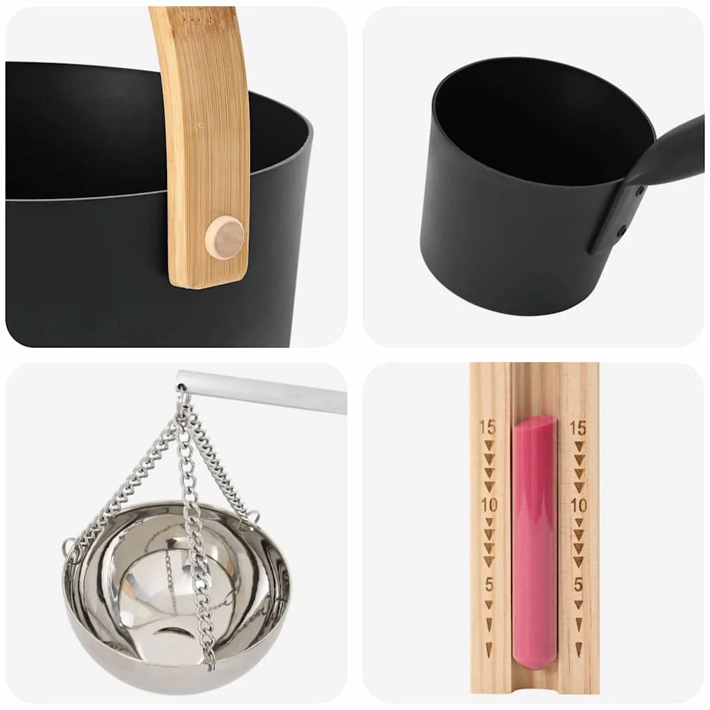 Kit accessoires de sauna noir en aluminium et pin – vue rapprochée