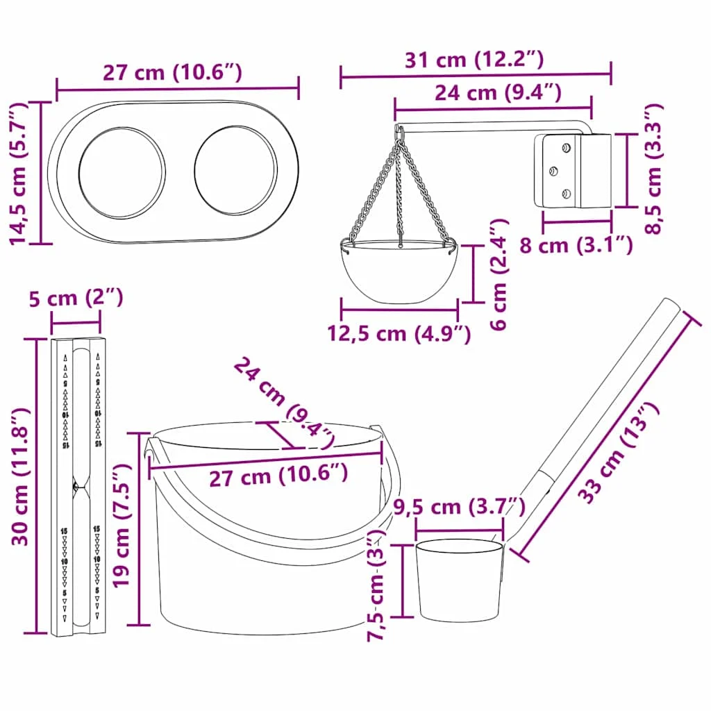 Kit accessoires de sauna noir en aluminium et pin – vue des accessoires