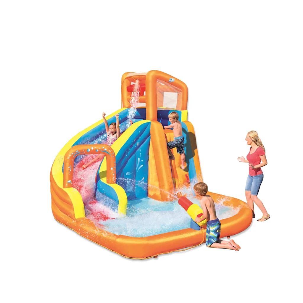 Parc aquatique gonflable avec toboggan et mur d’escalade – vue principale