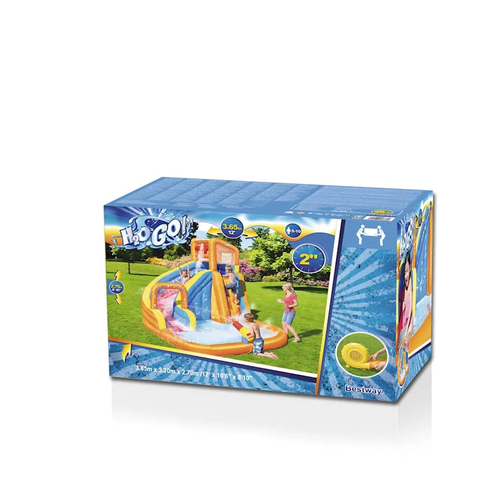 Parc aquatique gonflable avec toboggan et mur d’escalade – vue des dimensions