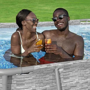 Piscine tubulaire ovale 427 x 250 x 100 cm grise avec pompe – vue de côté