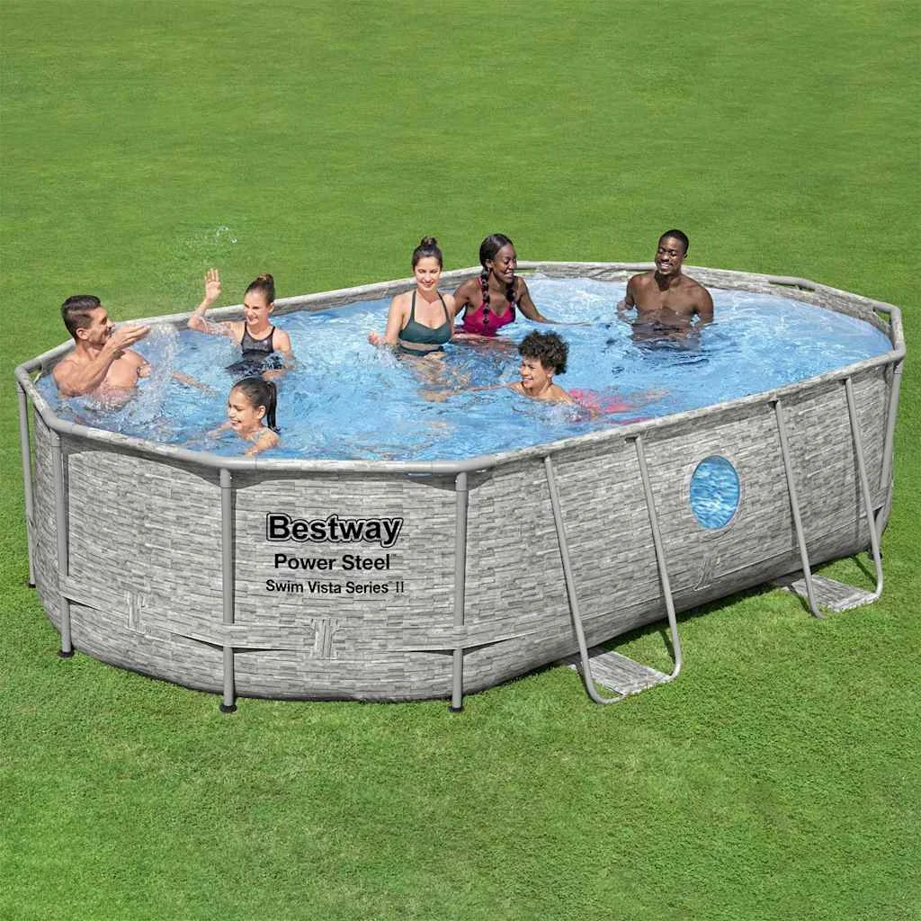 Piscine tubulaire ovale 488 x 305 x 107 cm effet pierre avec hublots et pompe – vue principale