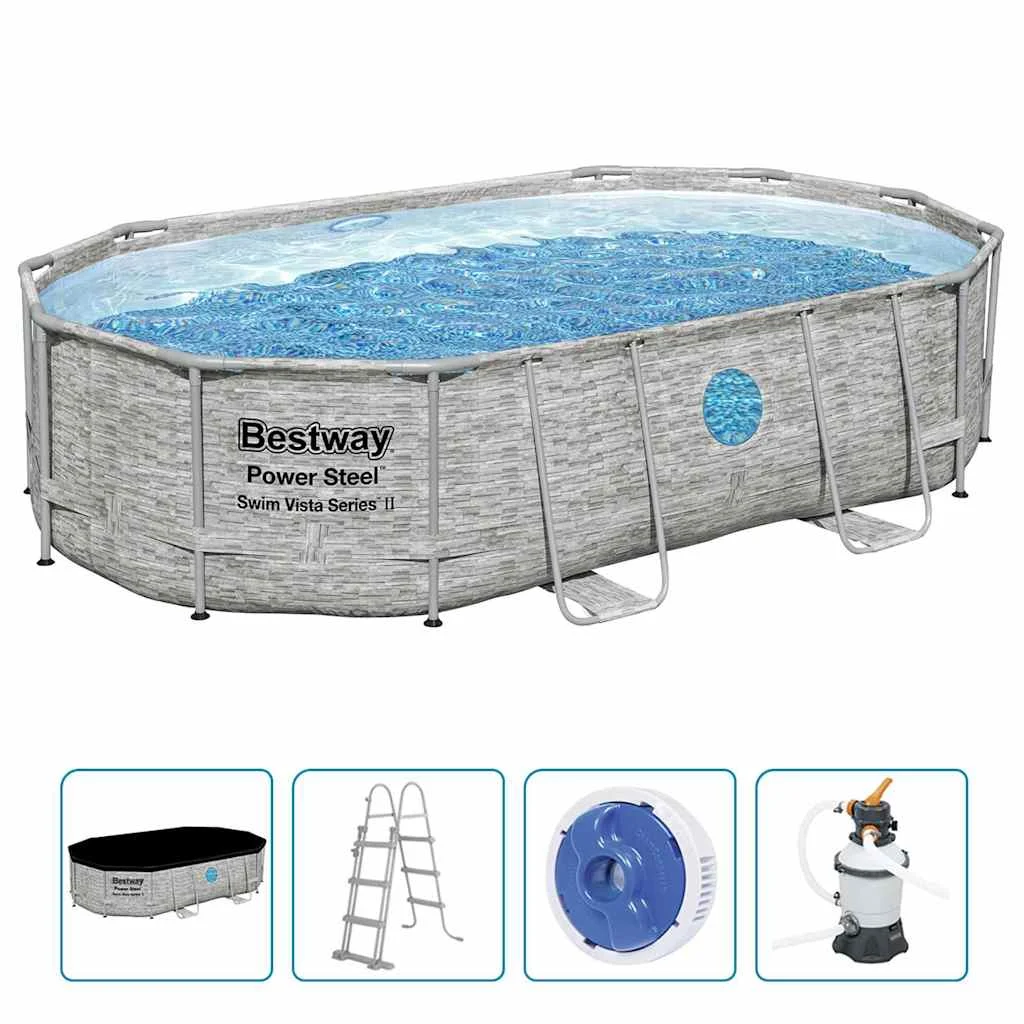 Piscine tubulaire ovale 488 x 305 x 107 cm effet pierre avec hublots et pompe – vue d'ensemble