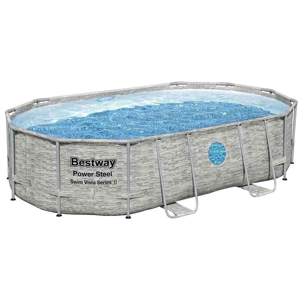 Piscine tubulaire ovale 488 x 305 x 107 cm effet pierre avec hublots et pompe – vue rapprochée