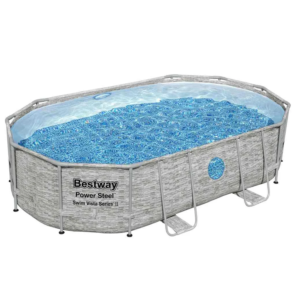 Piscine tubulaire ovale 488 x 305 x 107 cm effet pierre avec hublots et pompe – vue de dessus