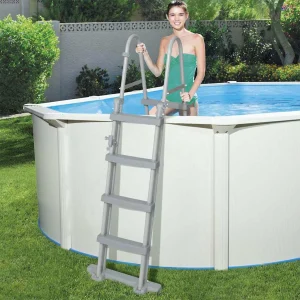 Piscine tubulaire ovale 610 x 360 x 120 cm grise parois acier avec pompe – vue en situation