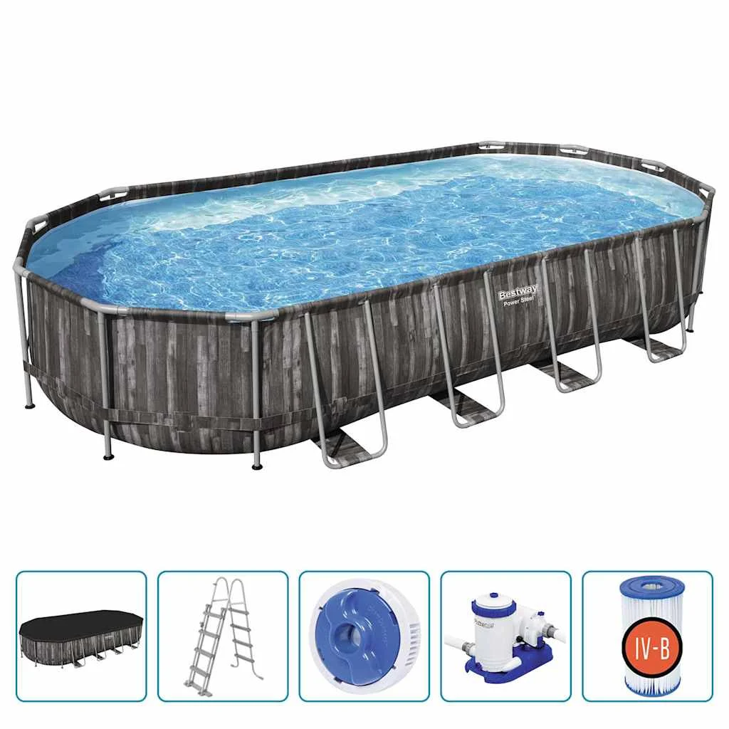 Piscine tubulaire ovale 732 x 366 x 122 cm grise avec filtre à sable – vue d'ensemble