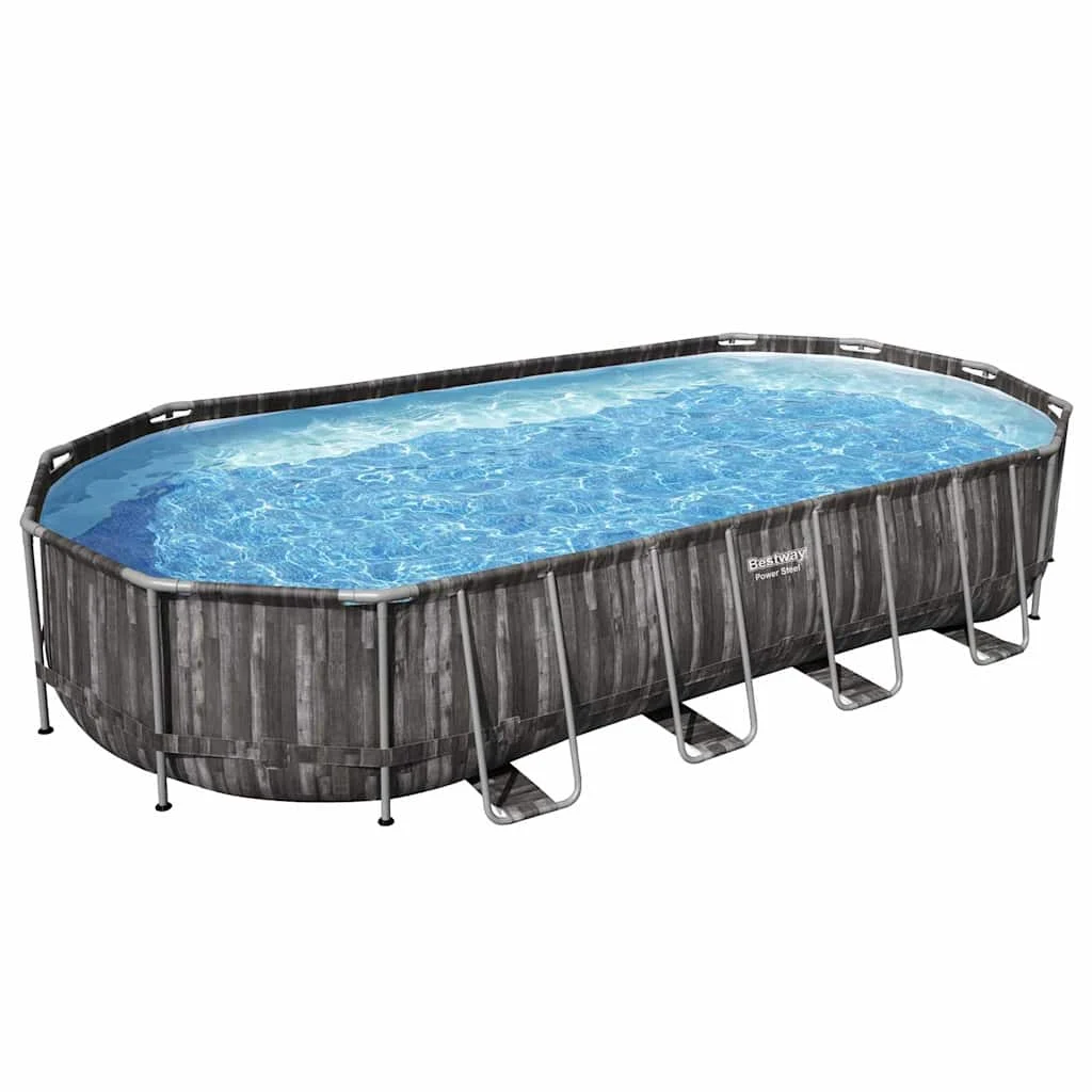 Piscine tubulaire ovale 732 x 366 x 122 cm grise avec filtre à sable – vue en situation