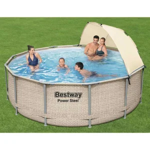 Piscine tubulaire ronde 396 x 107 cm effet rotin avec auvent et pompe – vue principale
