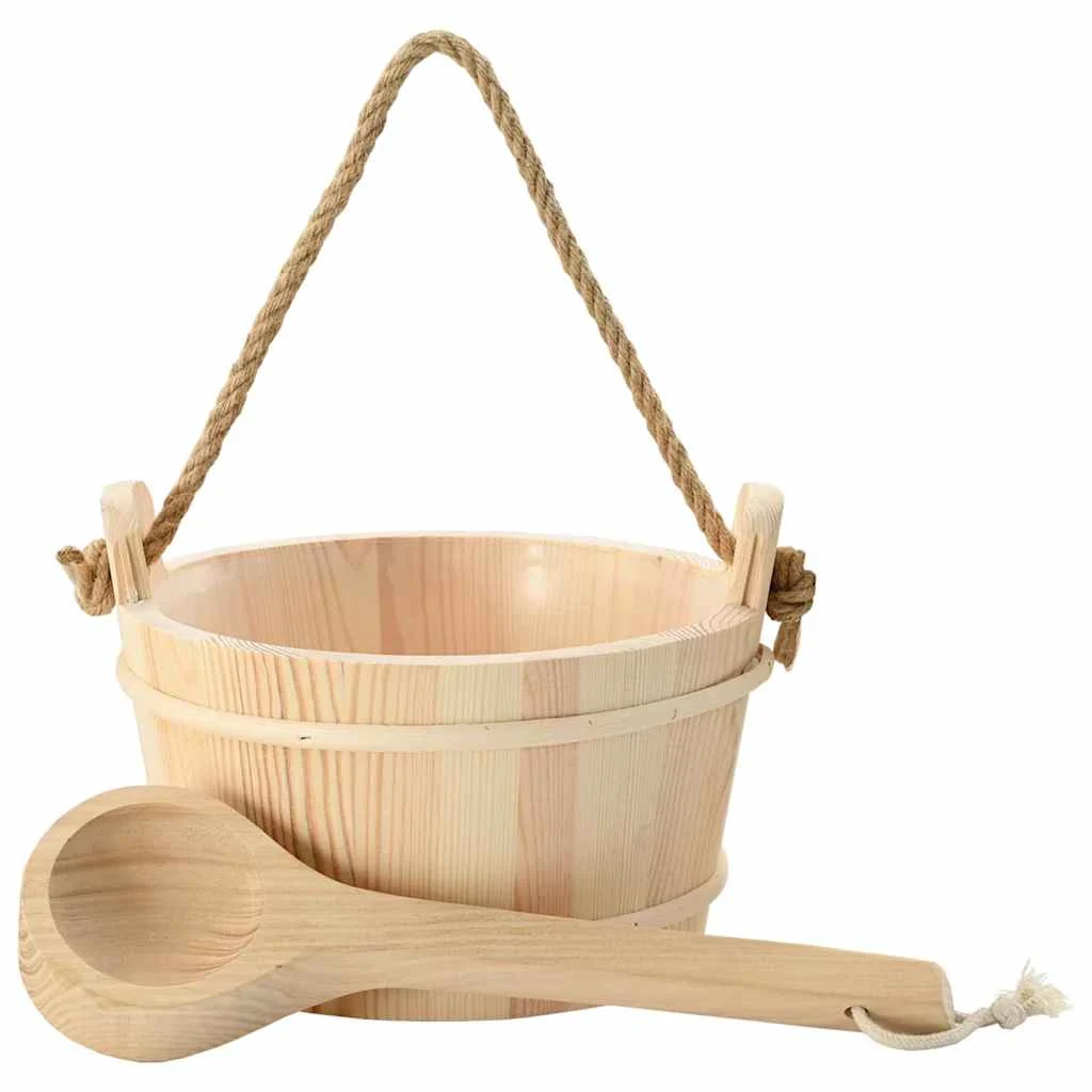 Seau de sauna avec louche en pin massif marron – vue d'ensemble