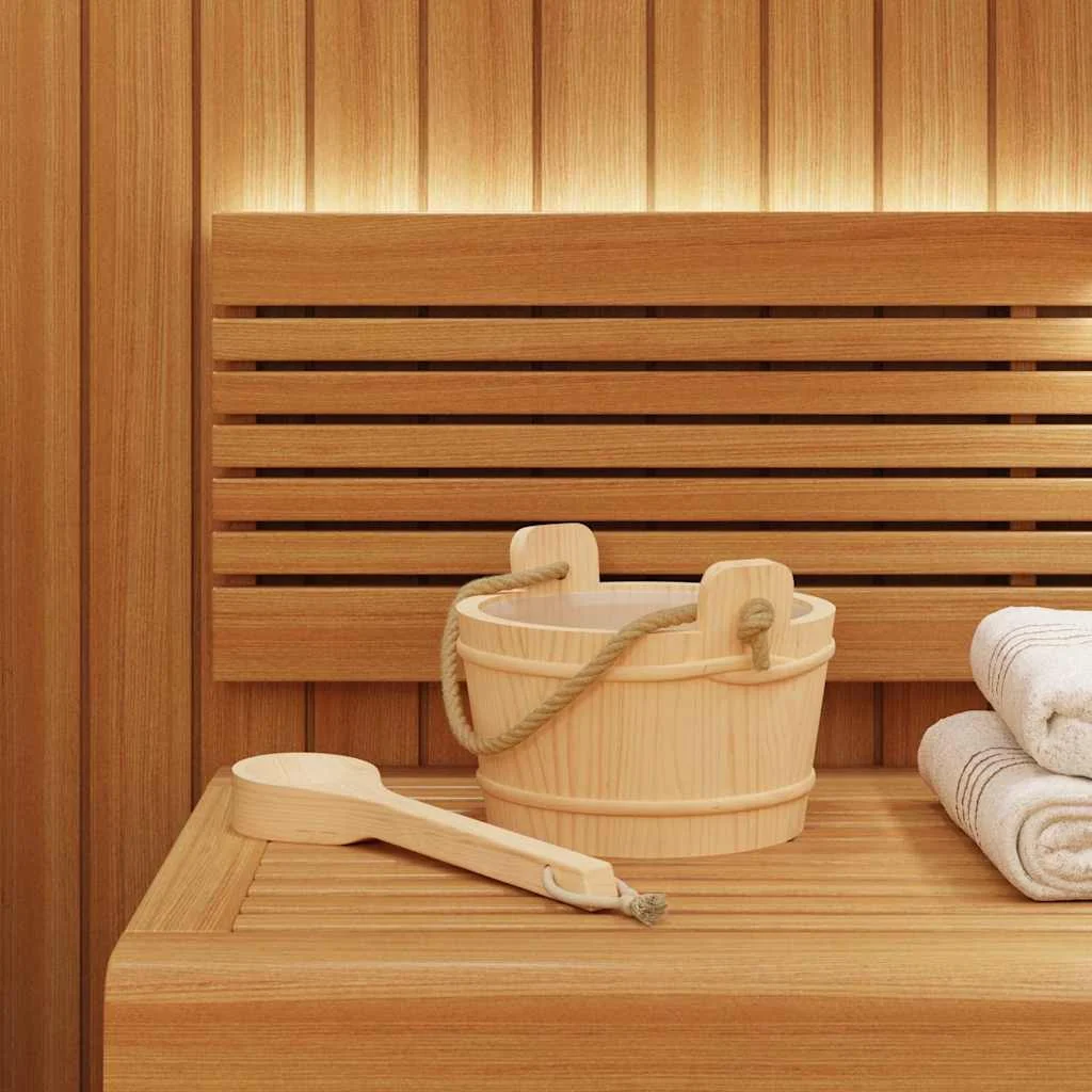 Seau de sauna avec louche en pin massif marron – vue de détail